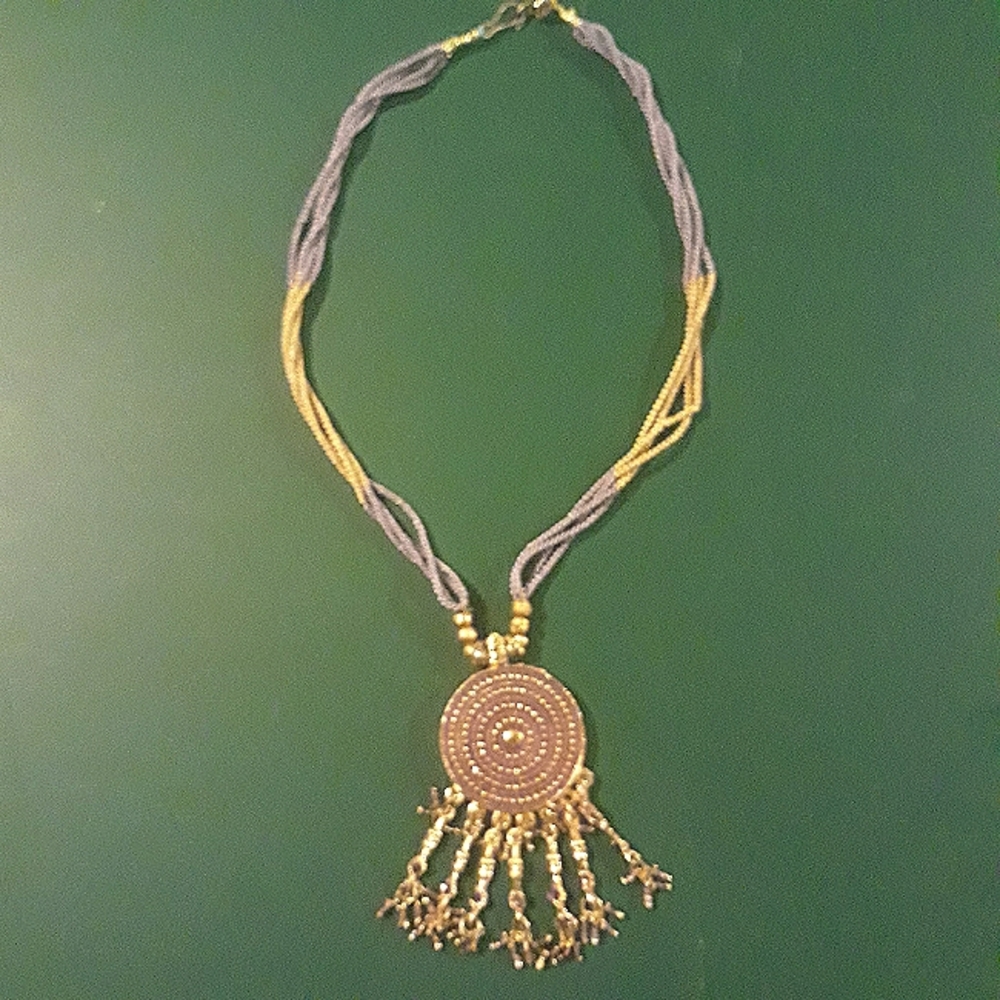 Gold purple pendant necklace beaded round fringe jewelry gift boho tribal sporty